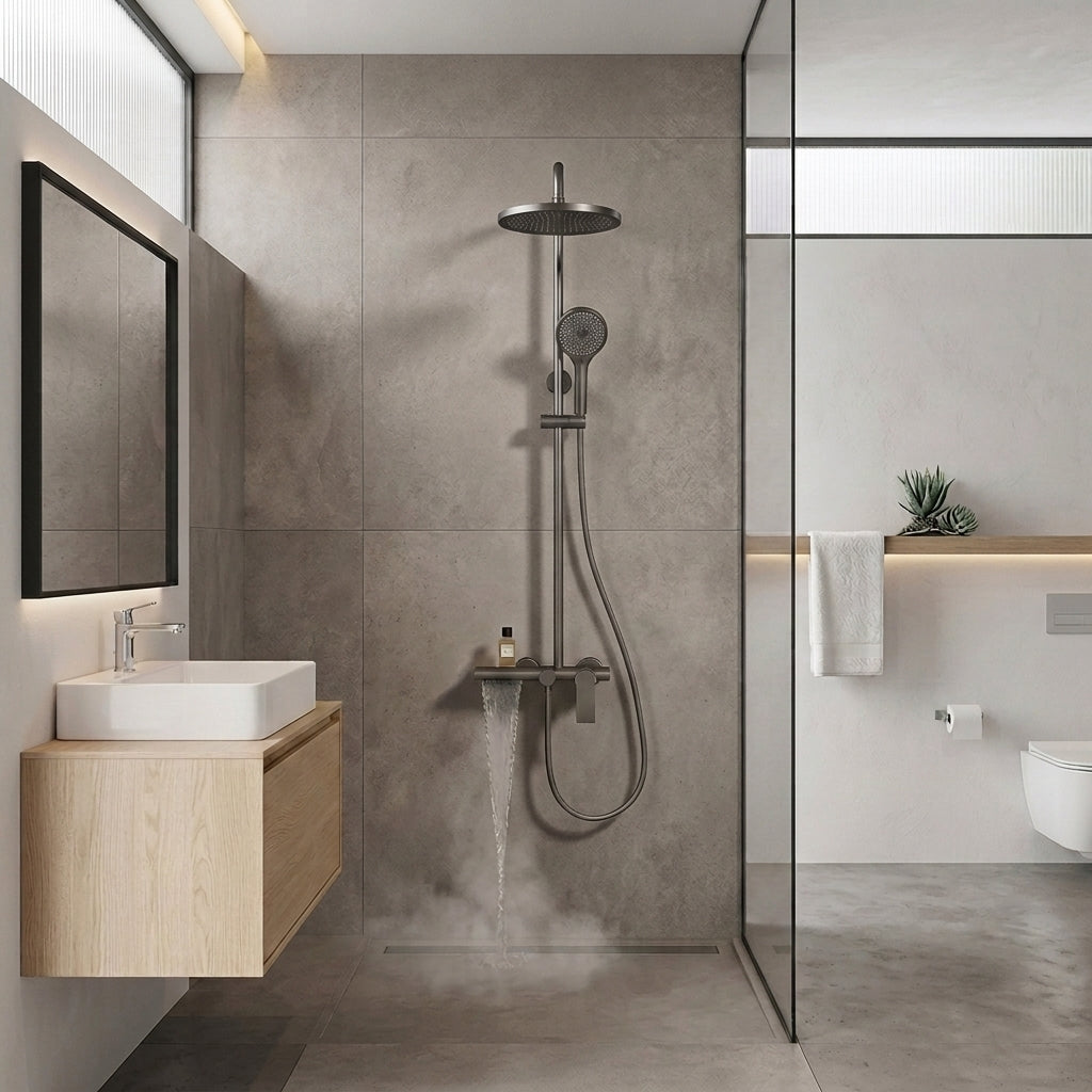 Colonne de douche grise avec tablette