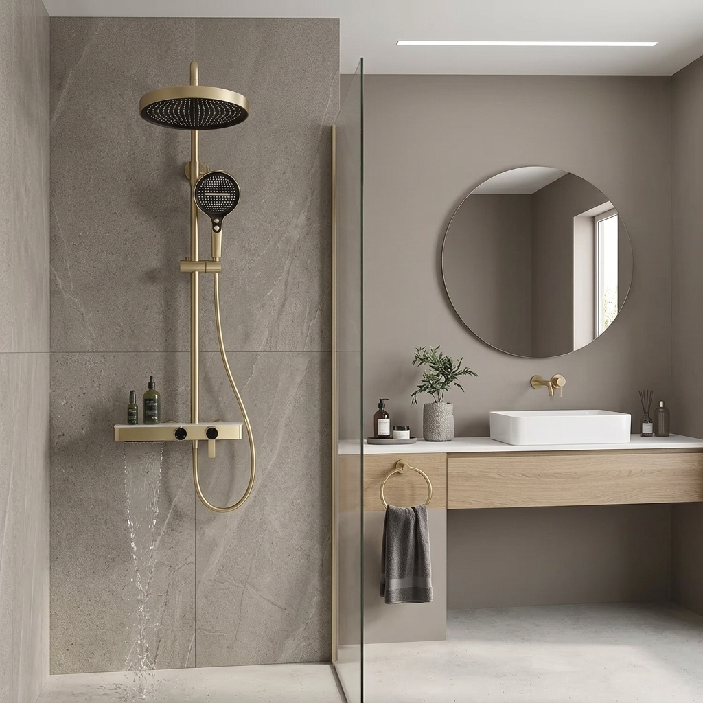 Colonne de douche dorée avec tablette a 3 fonctions