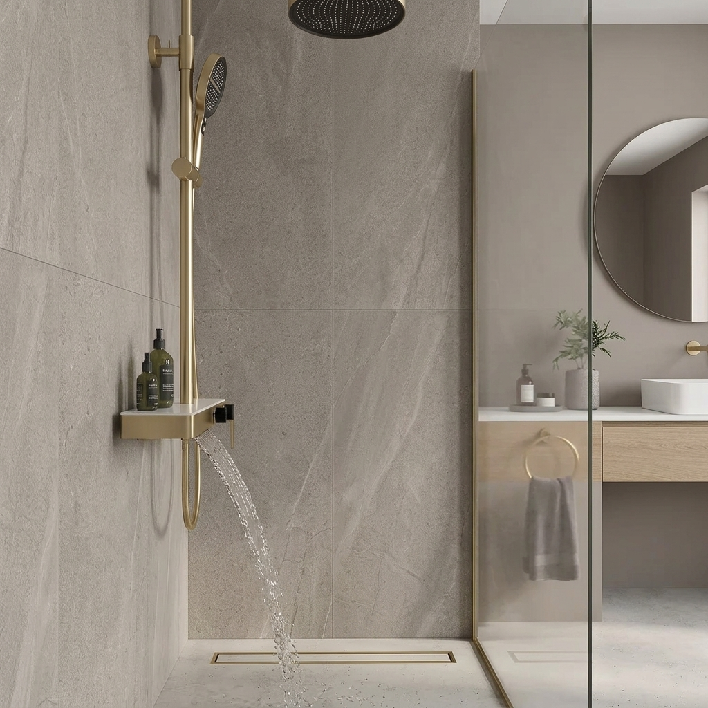 Colonne de douche dorée avec tablette a 3 fonctions