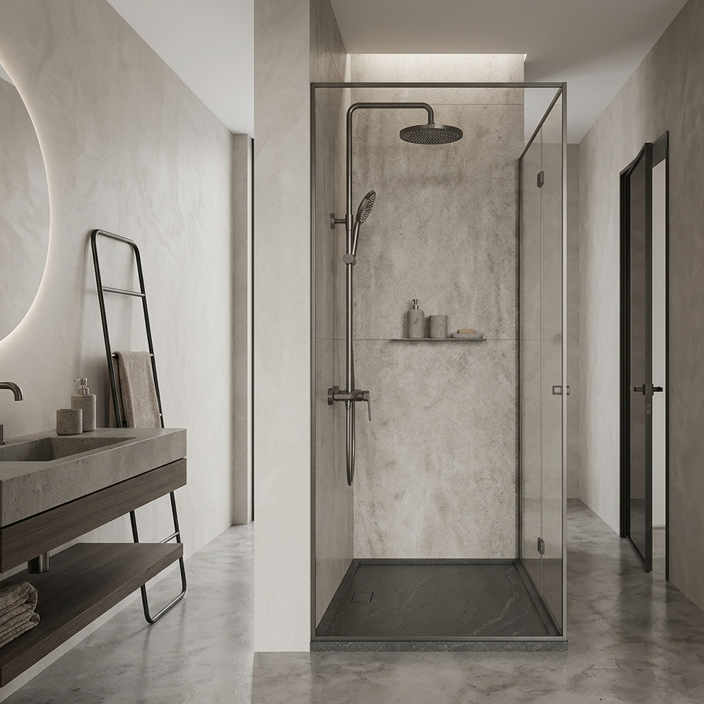 Colonne de douche grise avec tablette