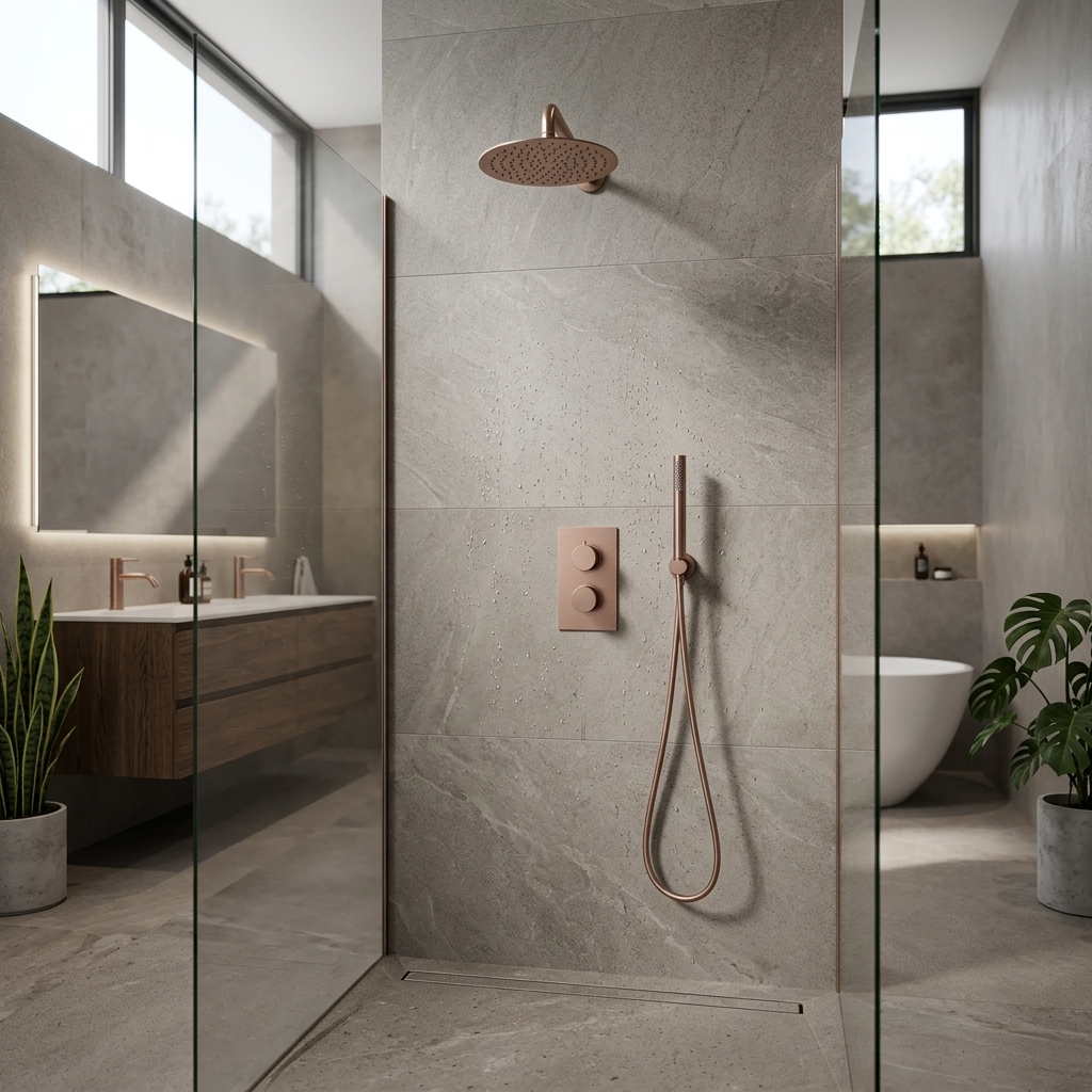 Colonne de douche encastrable dorée rose - mitigeur double commande