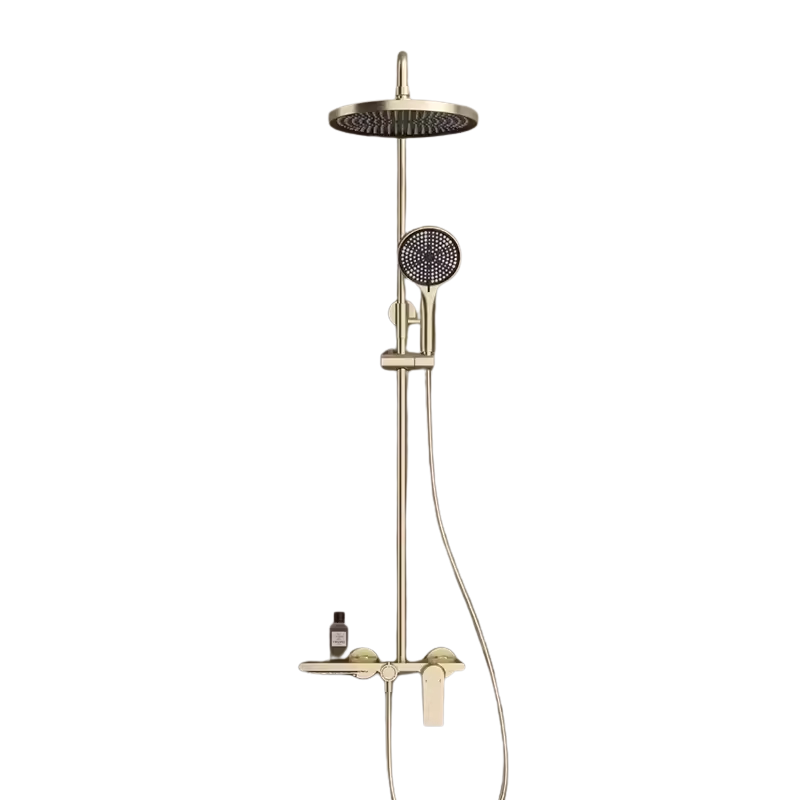 Colonne de douche dorée avec tablette