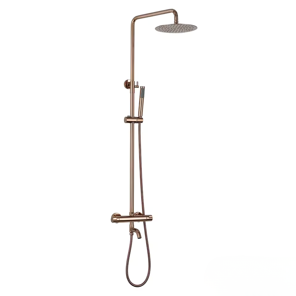 Colonne de douche thermostatique dorée rose pour baignoire