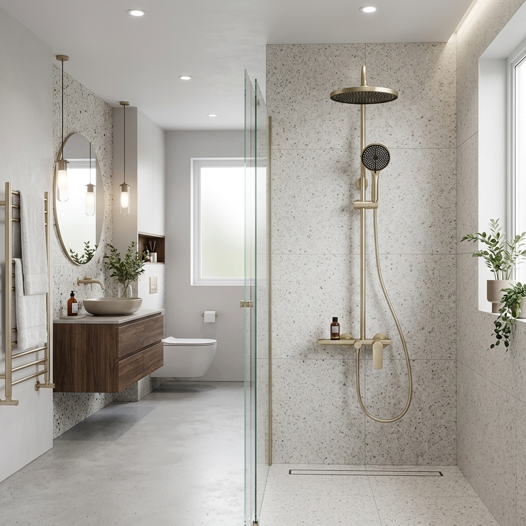 Colonne de douche dorée avec tablette