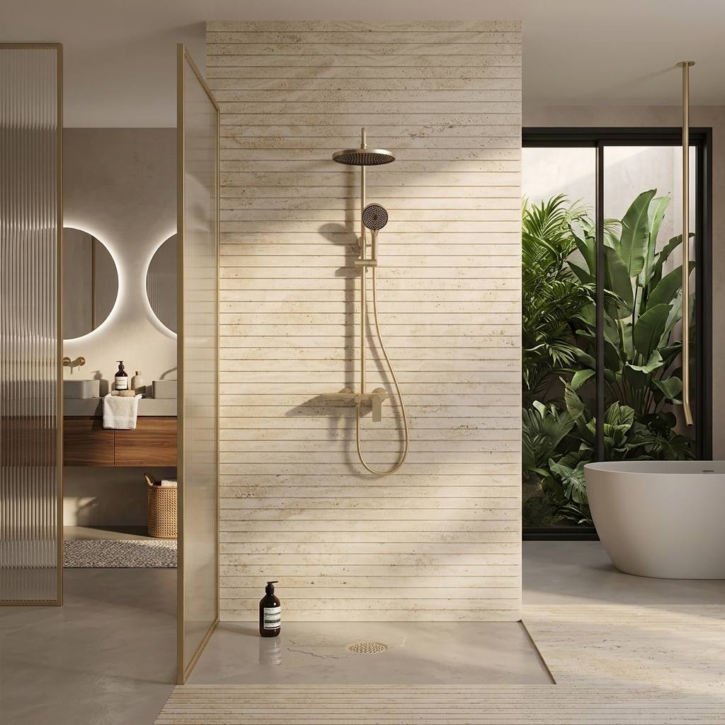 Colonne de douche dorée avec tablette
