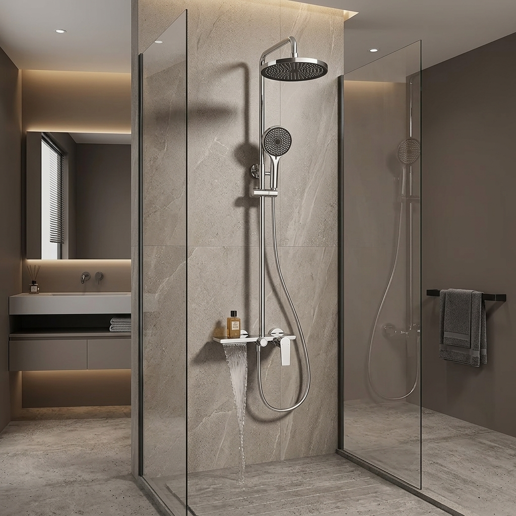 Colonne de douche chromée avec tablette