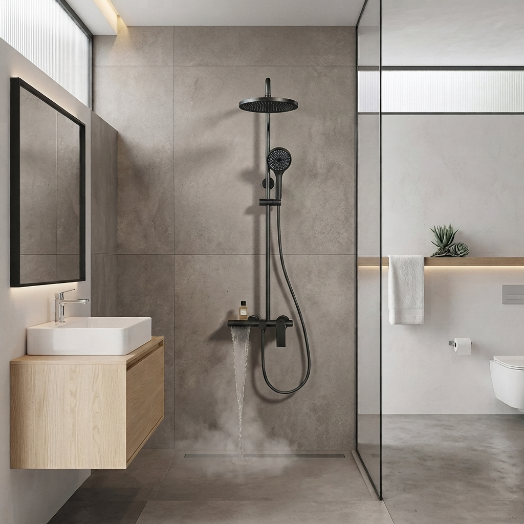 Colonne de douche noire avec tablette