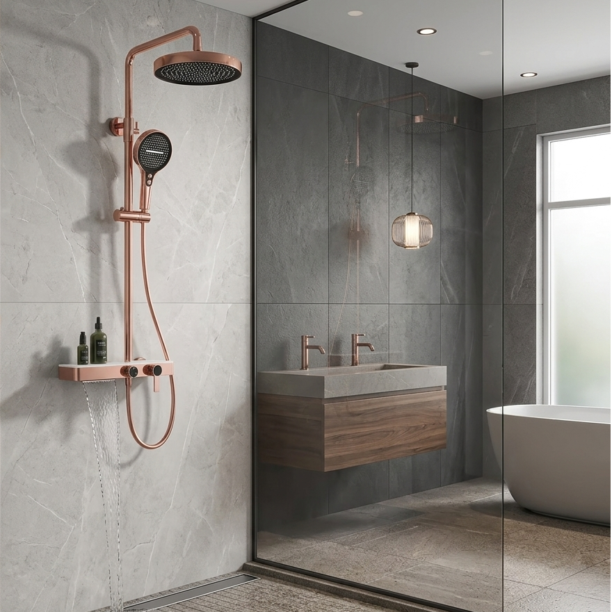 Colonne de douche or rose avec tablette a 3 fonctions