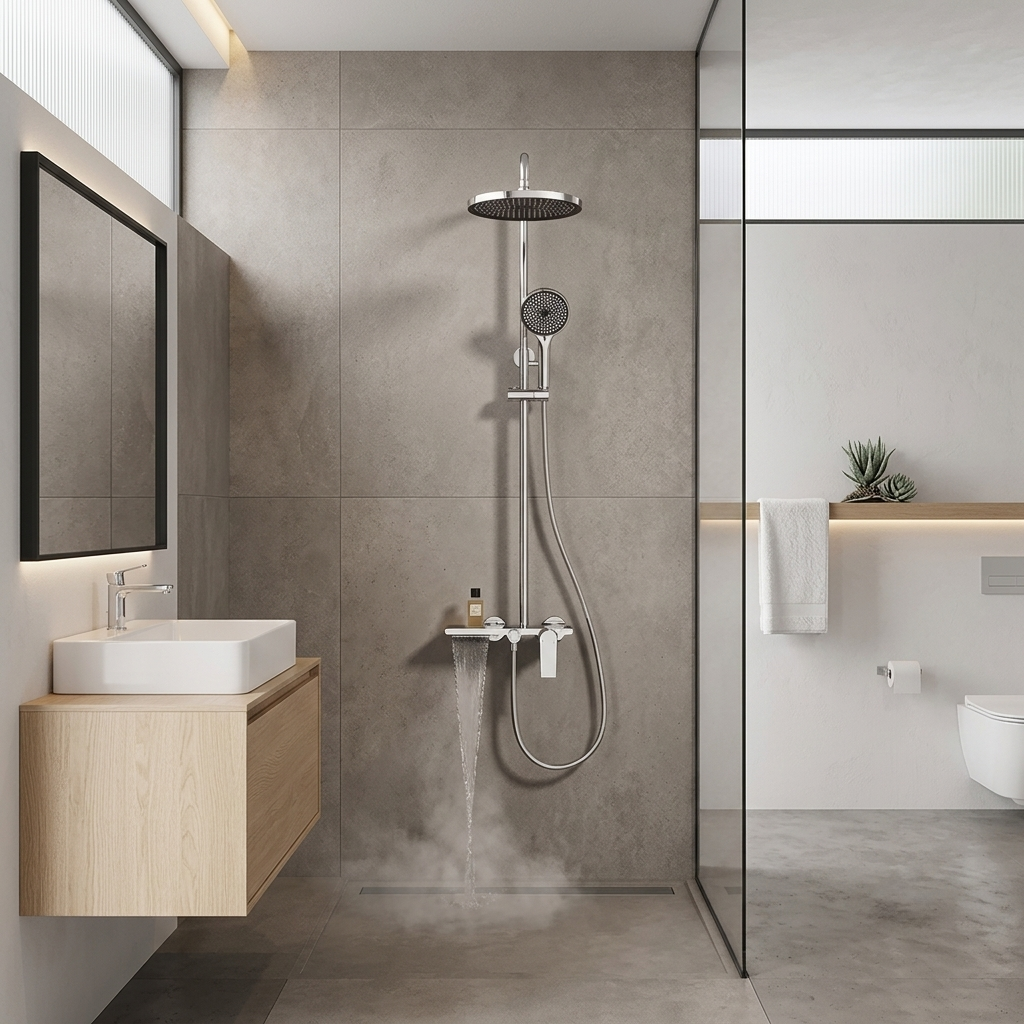 Colonne de douche chromée avec tablette