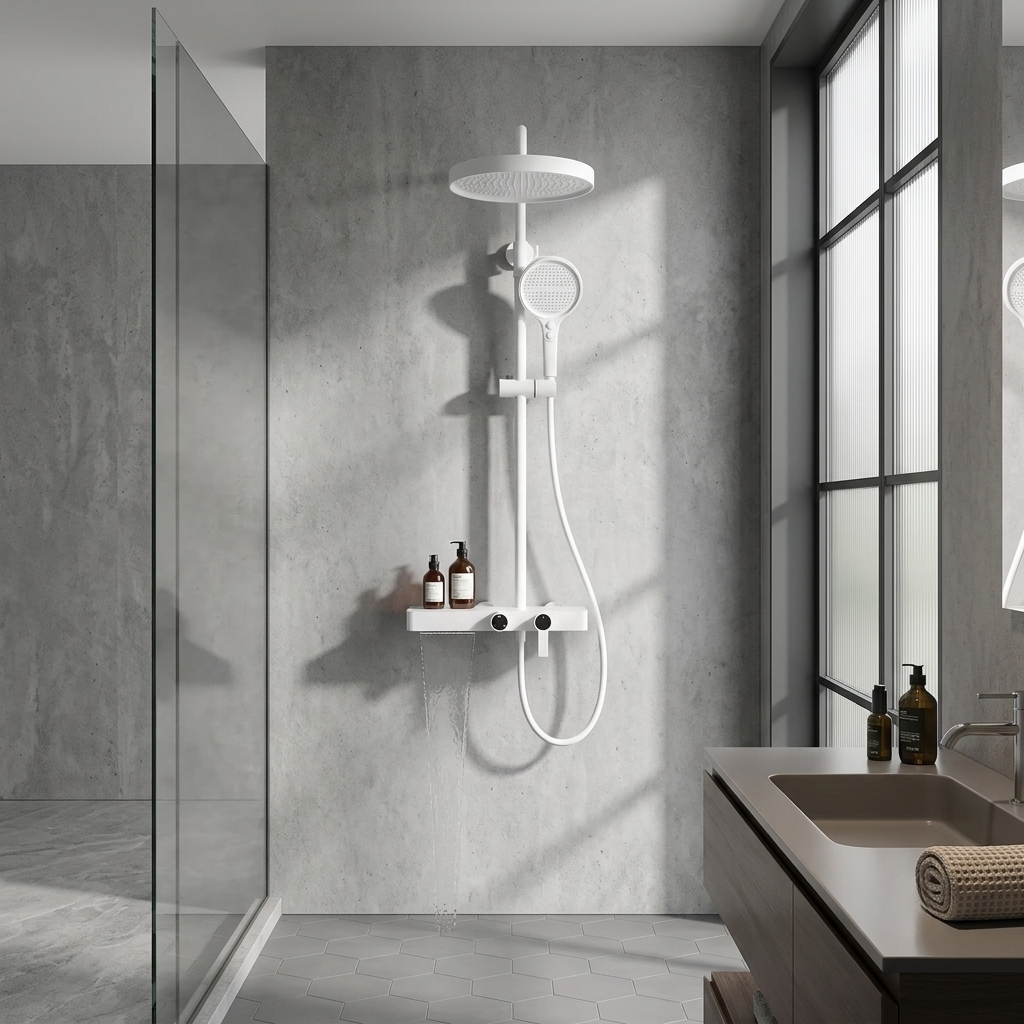 Colonne de douche blanche avec tablette a 3 fonctions